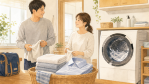 洗濯乾燥機で洗濯の負担が減り、夫婦で洗濯物をたたむ様子