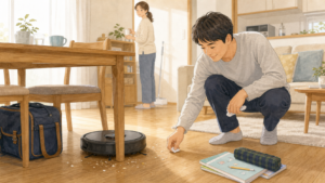 ロボット掃除機が子どもの食べこぼしを掃除している様子