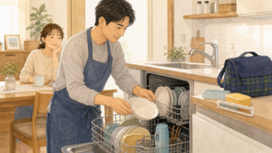 食洗機に食器や弁当箱を入れて片付けを時短する様子