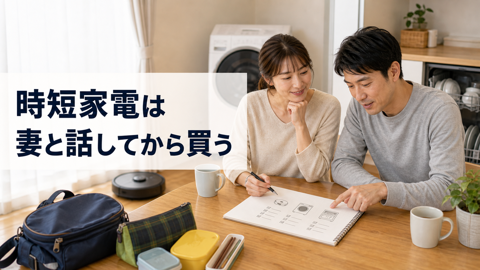 時短家電を買う前に妻と話し合う夫婦のアイキャッチ画像