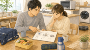 夫婦で時短家電の購入前に話し合っている様子