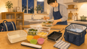 前夜に作り置き容器や弁当グッズを準備している様子