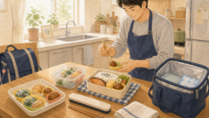 冷凍食品やシリコンカップを使って娘のお弁当を準備している様子