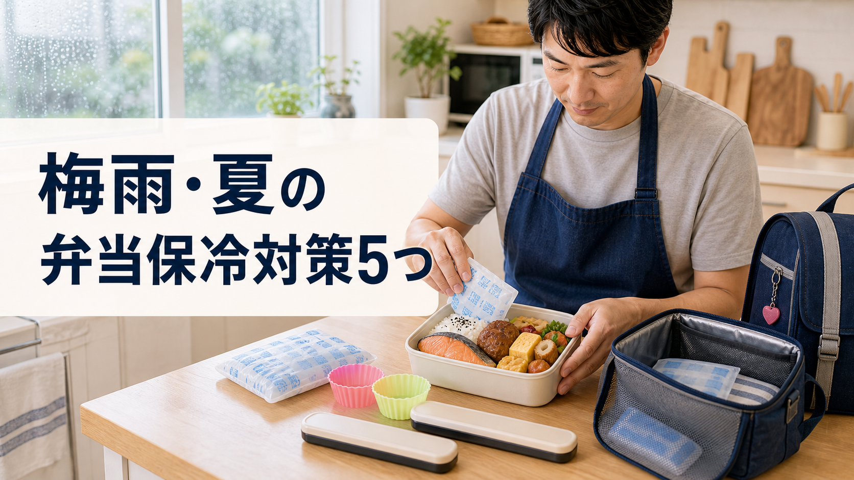 梅雨と夏に娘のお弁当を保冷するための対策をする父親のアイキャッチ画像