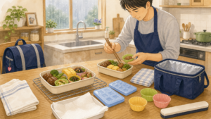 お弁当を冷まして保冷剤と保冷バッグを準備している様子