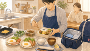 父親が朝食と娘のお弁当を同時に準備している様子