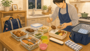 前日の夕飯のおかずを保存容器に分けて翌朝のお弁当に活用する様子